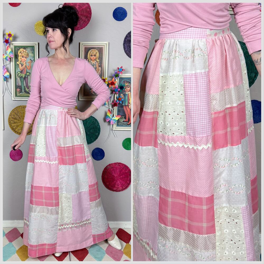 Vintage 1970s Pink and White Patchwork Peasant Maxi Skirt